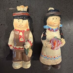 Vtg Native American Boy & Girl Figurines Thanksgiving Harvest Fall Decor Set
